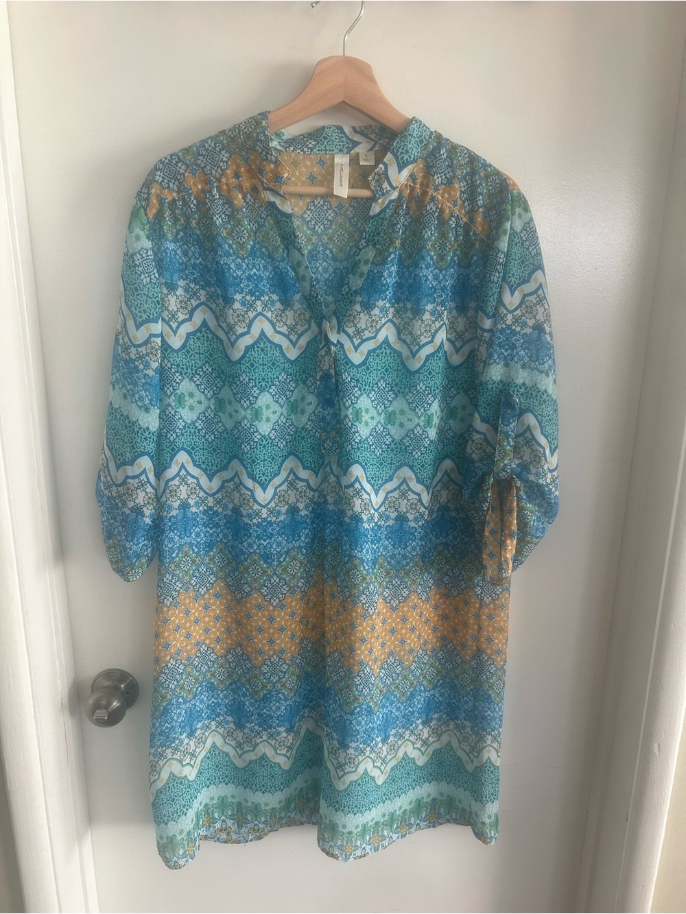 Tacera Teal & Blue Patterned Tunic with Gold Accents